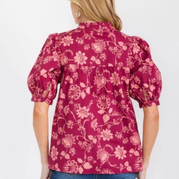 WOMEN'S SHORT PUFF SLEEVE V-NECK 100% COTTON FLORAL BLOUSE - Picture 3 of 4